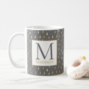 Grey Gold Raindrop Modern Trendy Monogram Coffee Mug