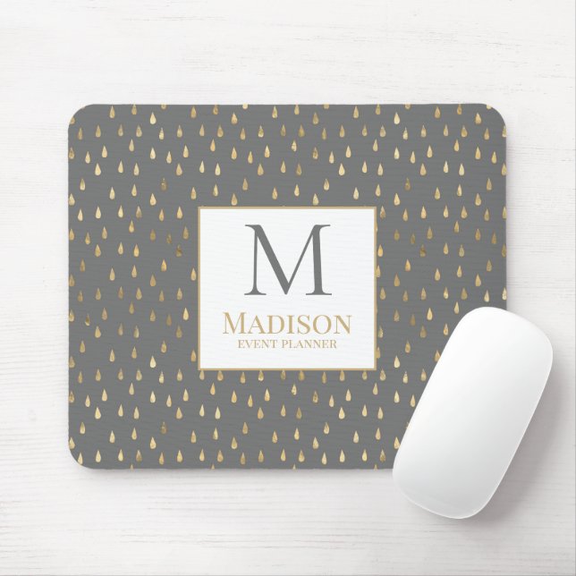 Grey Gold Raindrop Modern Trendy Monogram Mouse Mat (With Mouse)