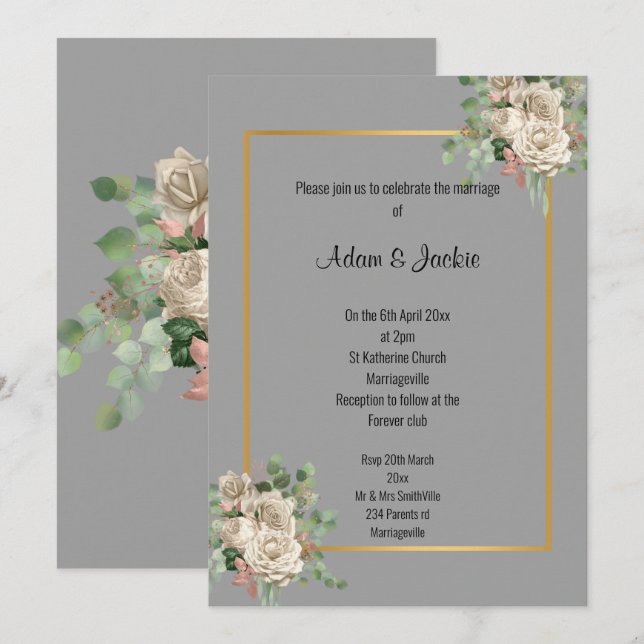 GREY GOLD ROSE EUCALYPTUS WHITE WEDDING INVITATION (Front/Back)