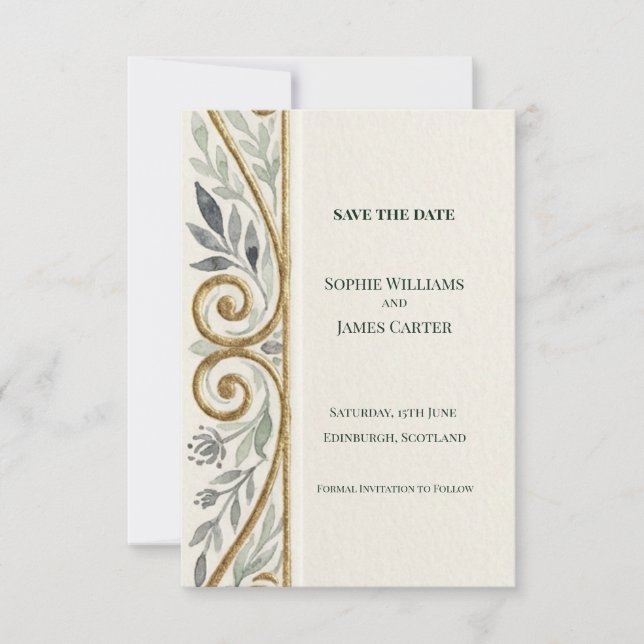 Grey Gold Scroll Save The Date Card (Front)