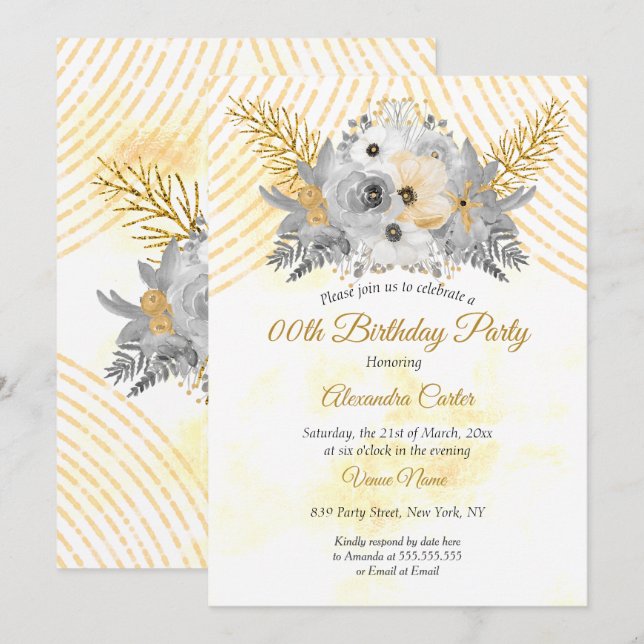 Grey Gold Sepia Floral Bouquet Birthday Party Invitation (Front/Back)