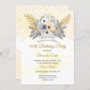 Grey Gold Sepia Floral Bouquet Birthday Party Invitation