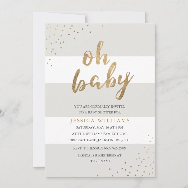 Grey & Gold Stripes Confetti Oh Baby Shower Invite (Front)