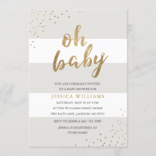 Grey & Gold Stripes Confetti Oh Baby Shower Invite