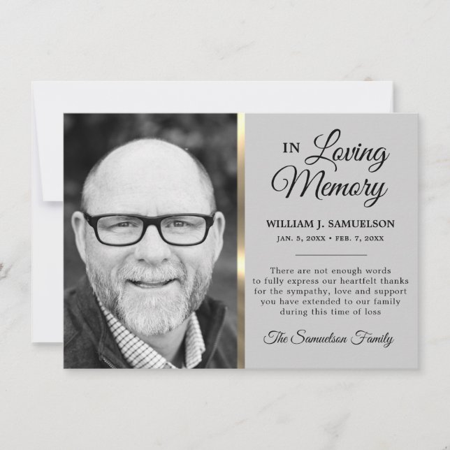 Grey Gold Sympathy Funeral Memory THANK YOU Photo (Front)