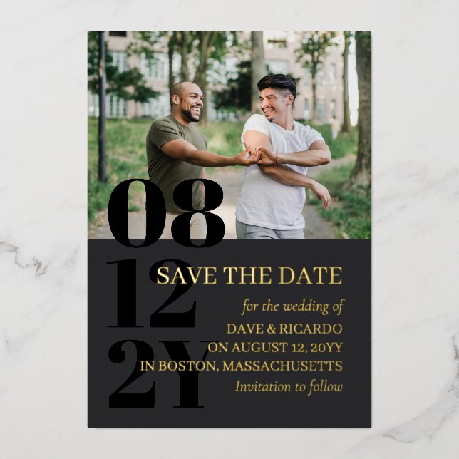 Grey & Gold Typography Wedding Photo Save the Date (Front)