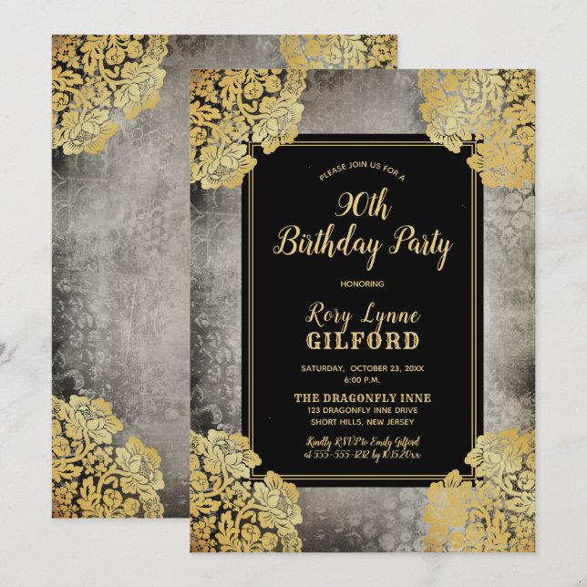 Grey | Gold Victorian Lace 90th Birthday Party Invitation (Front/Back)