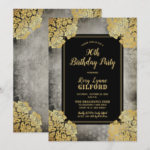 Grey Gold Victorian Lace 90th Birthday Party Invitation