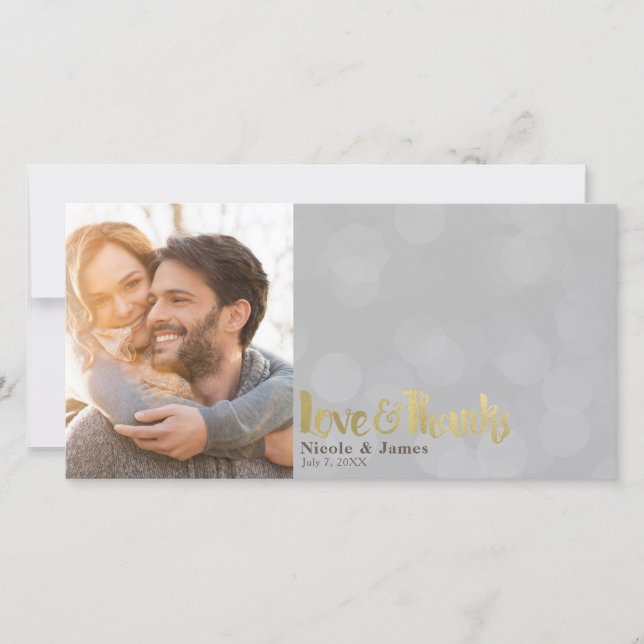 Grey Gold Wedding Photo Love & Thanks Thank You (Front)