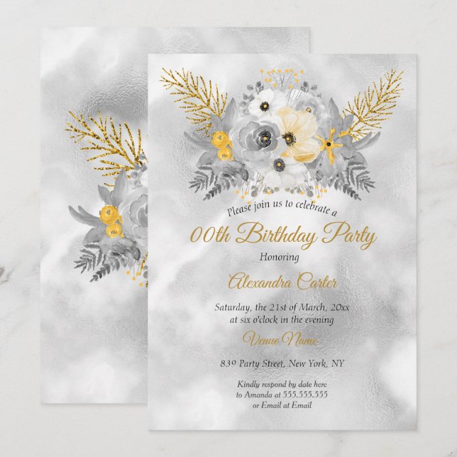 Grey Gold Yellow Floral Bouquet Birthday Party Invitation (Front/Back)