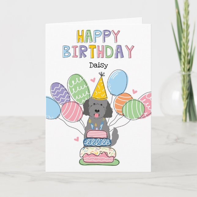 Grey Goldendoodle Dog Happy Birthday Card (Front)