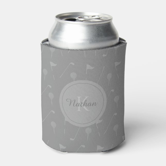 Grey Golf Pattern Elegant Monogram Masculine Name Can Cooler (Can Front)