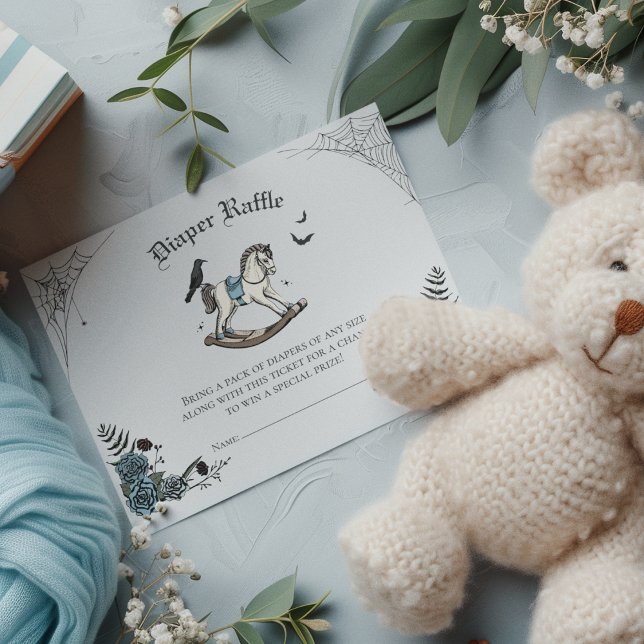 Grey Gothic Baby Shower Diaper Raffle Enclosure Card (Gray Gothic Halloween Baby Shower Diaper Raffle Card. Victorian Rocking Horse, Blue Roses & Webs.)