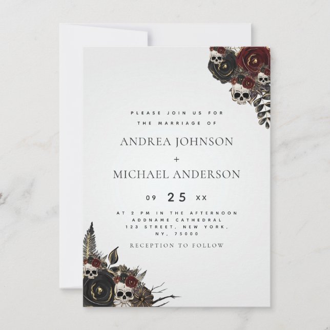 Grey Gothic Floral Skull Elegant Halloween Wedding Invitation (Front)