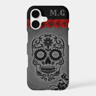 Grey Gothic Sugar Skull and Red Roses