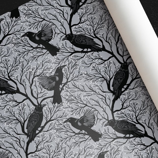 Grey Gothic Winter Berry Ravens Christmas Wrapping Paper (Creator Uploaded)
