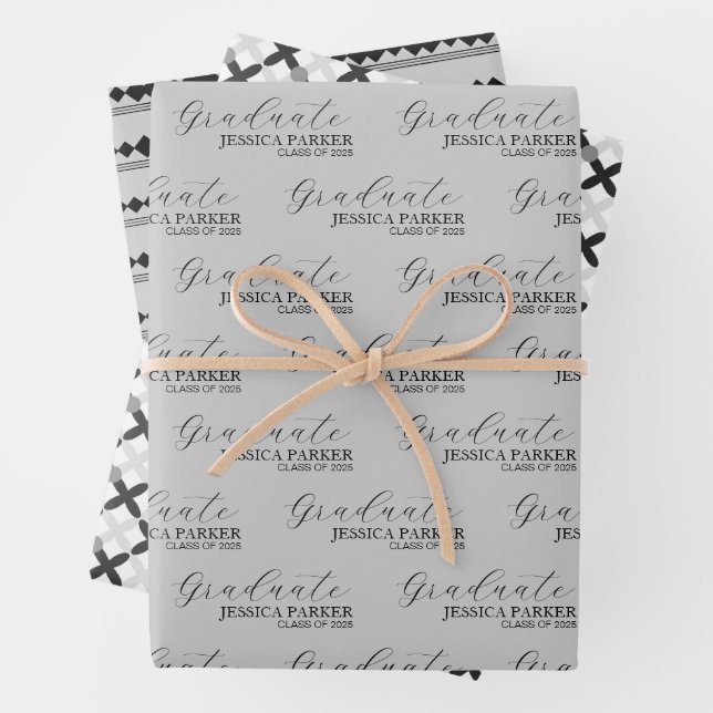 Grey Grad Name Script Modern Wrapping Paper Sheet (In situ)