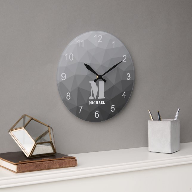 Grey Gradient Geometric Mesh Pattern Monogram Large Clock (Office)