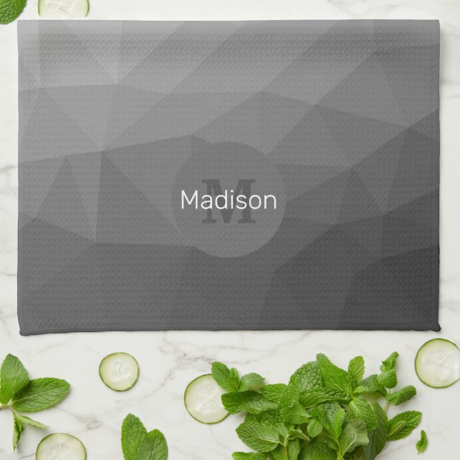 Grey Gradient Geometric Mesh Pattern Monogram Tea Towel (Folded)