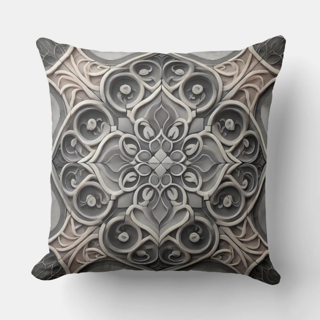 Grey Gradient Mandala Pattern: Serene Mosaic Art Cushion (Front)