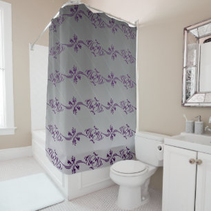 Grey Gradient Purple Striped Floral Leaf Pattern Shower Curtain