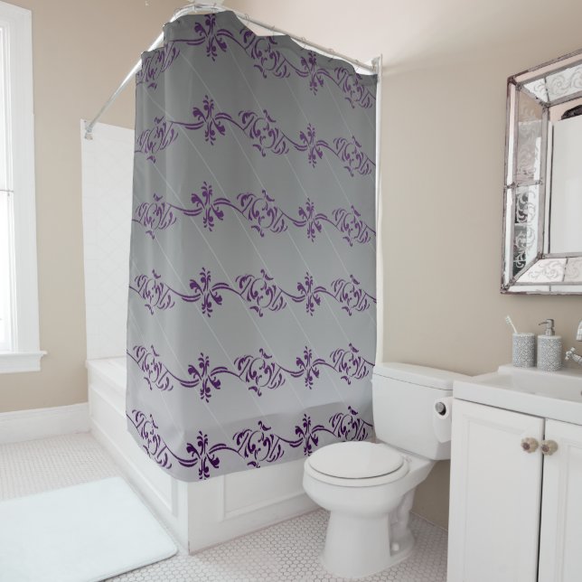 Grey Gradient Purple Striped Floral Leaf Pattern Shower Curtain (In Situ)