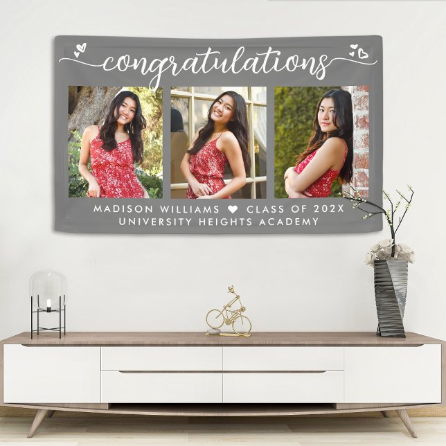 Grey Graduation 3 Photo Modern Calligraphy Hearts Banner (Creator Uploaded)