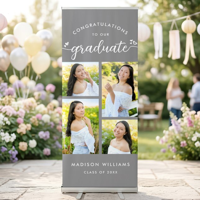 Grey Graduation 4 Photo Collage Script Hearts Bold Retractable Banner (Creator Uploaded)