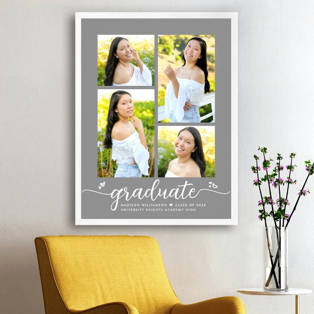 Grey Graduation 4 Photo Script Hearts Modern Girly Poster (Creator Uploaded)