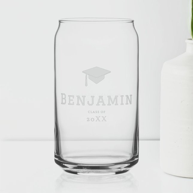 Grey Graduation Cap Typography Custom Gift Can Glass (graduation party personalized can glass grad gift high school college boys men typography grey)