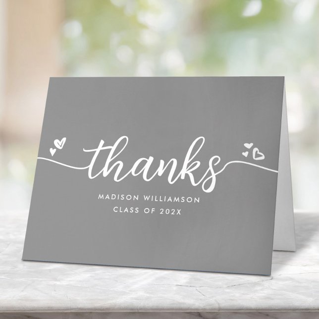 Grey Graduation Chic Modern Elegant Script Hearts Thank You Card (Creator Uploaded)