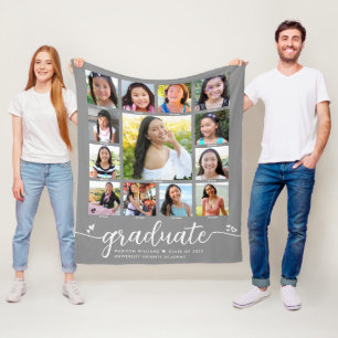Grey Graduation K–12 Modern Script Photo Collage Fleece Blanket