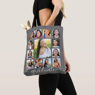 Grey Graduation K–12 Modern Script Photo Collage Tote Bag
