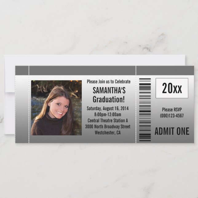 Grey Graduation Party Ticket Invitation with Photo (Front)