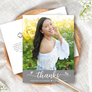 Grey Graduation Photo White Script Heart Thank You Postcard