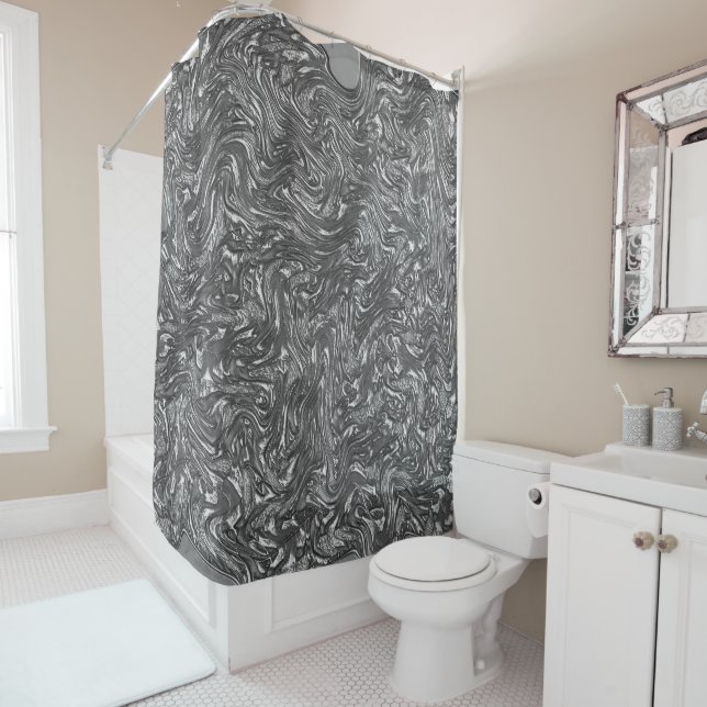 Grey graphite curved rough texture shower curtain (In Situ)