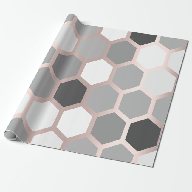 Grey Graphite Rose Gold Geometry Honey Bee Hexagon Wrapping Paper (Unrolled)