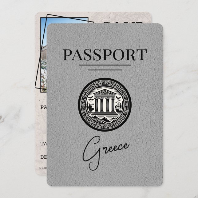 Grey Greece Passport Save the Date Card (Front/Back)
