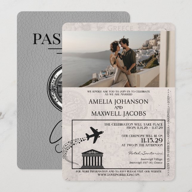 Grey Greece Passport Wedding Invitation (Front/Back)