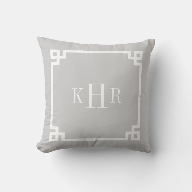 Grey Greek Key Border Custom Monogram Cushion (Front)
