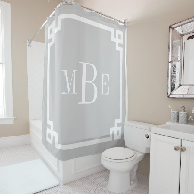 Grey Greek Key Border Monogram Shower Curtain (In Situ)