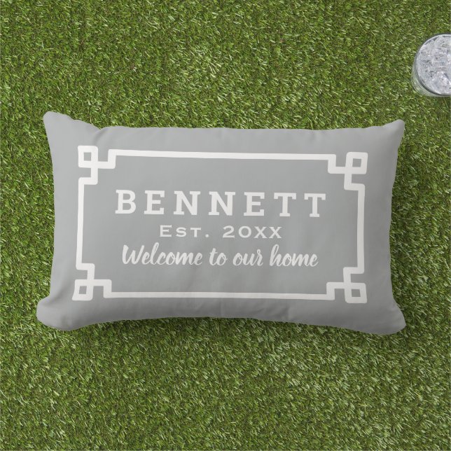 Grey Greek Key Custom Monogram Welcome Lumbar Cushion (Grass)