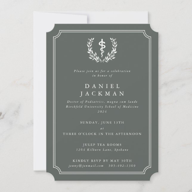 Grey-Green Asclepius Medical School Graduation Invitation (Front)