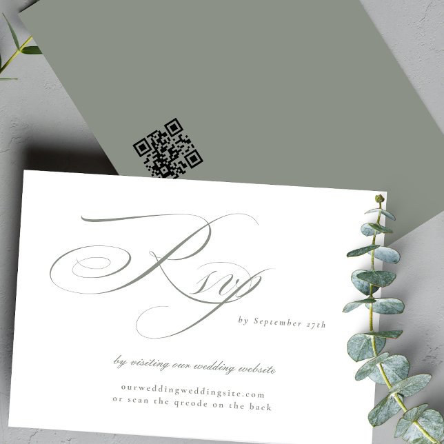 Grey Green Calligraphy Wedding Website QR CODE RSVP Card (Creator Uploaded)