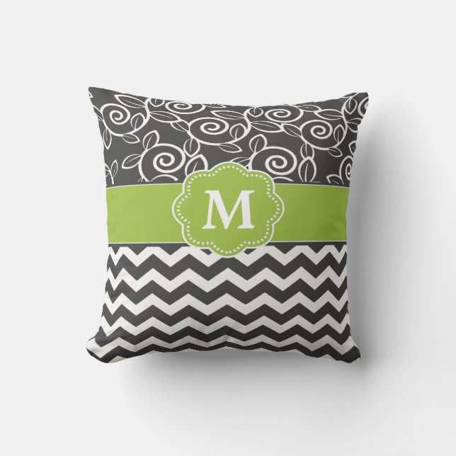 Grey Green Chevron Monogram Cushion (Front)