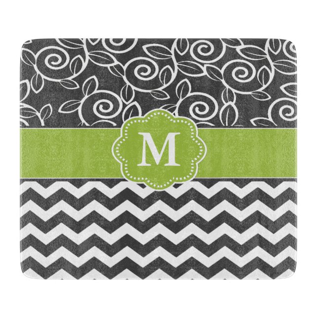 Grey Green Chevron Monogram Cutting Board (Front)