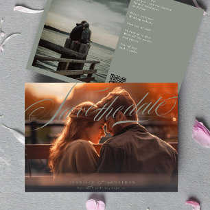 Grey Green Classic Elegant QR Code Photo Wedding Save The Date