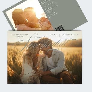 Grey Green Classic QR Code Two Photo Save The Date
