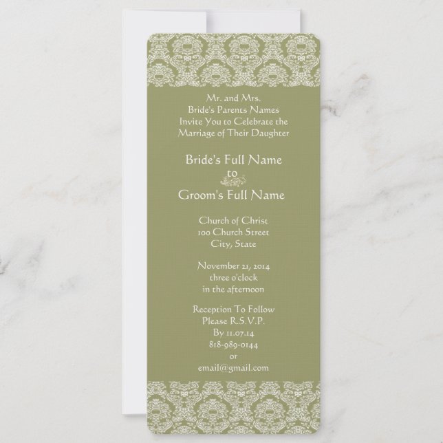 Grey Green Damask Swirls Wedding Invitation (Front)