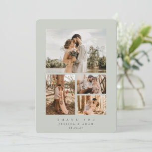 Grey-Green Elegant Minimal 4 Photo Wedding Flat Thank You Card